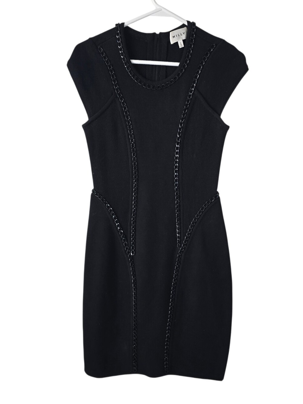 Milly Merino Wool Blend Crew Neck Chain Link Detail Mini Sweater Dress S Black